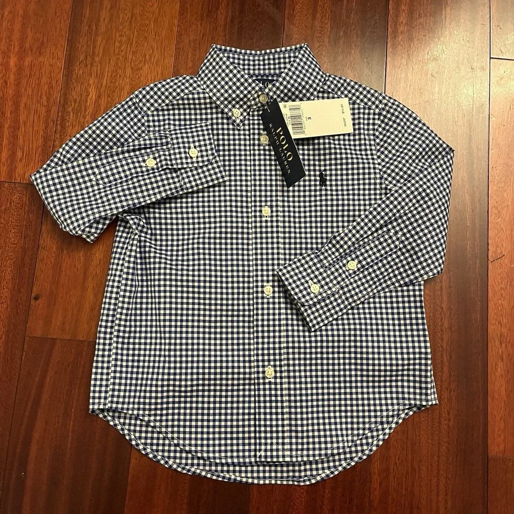 Polo Ralph Lauren Shirt Kids 3T Blue White Gingham Button Down Natural Stretch